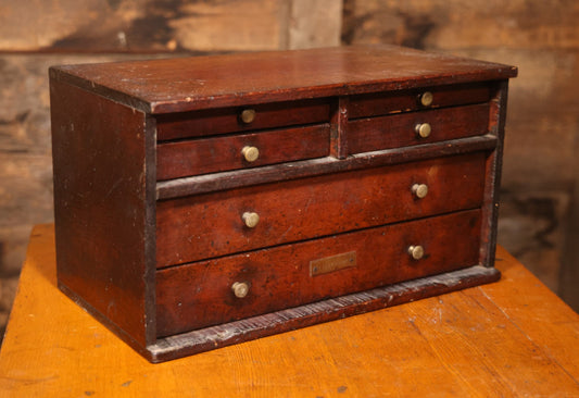 Antique Wooden Tool Chest With Six Drawers, Brass Name Plaque For “G. Claytinburg”
