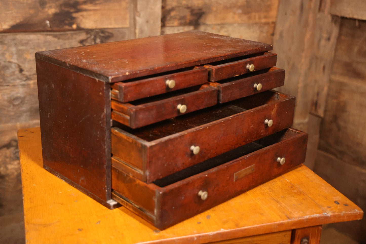 Antique Wooden Tool Chest With Six Drawers, Brass Name Plaque For “G. Claytinburg”