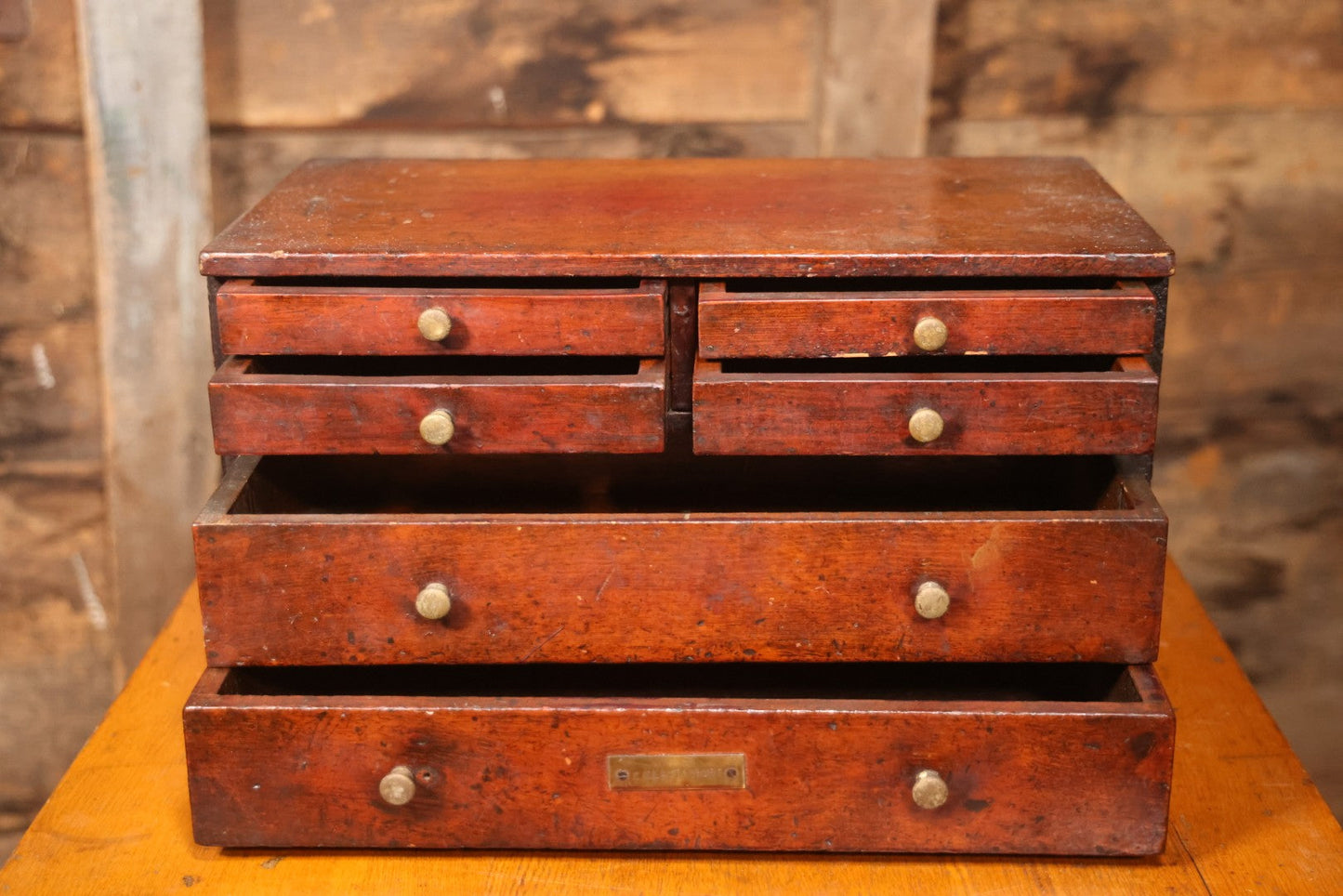Antique Wooden Tool Chest With Six Drawers, Brass Name Plaque For “G. Claytinburg”