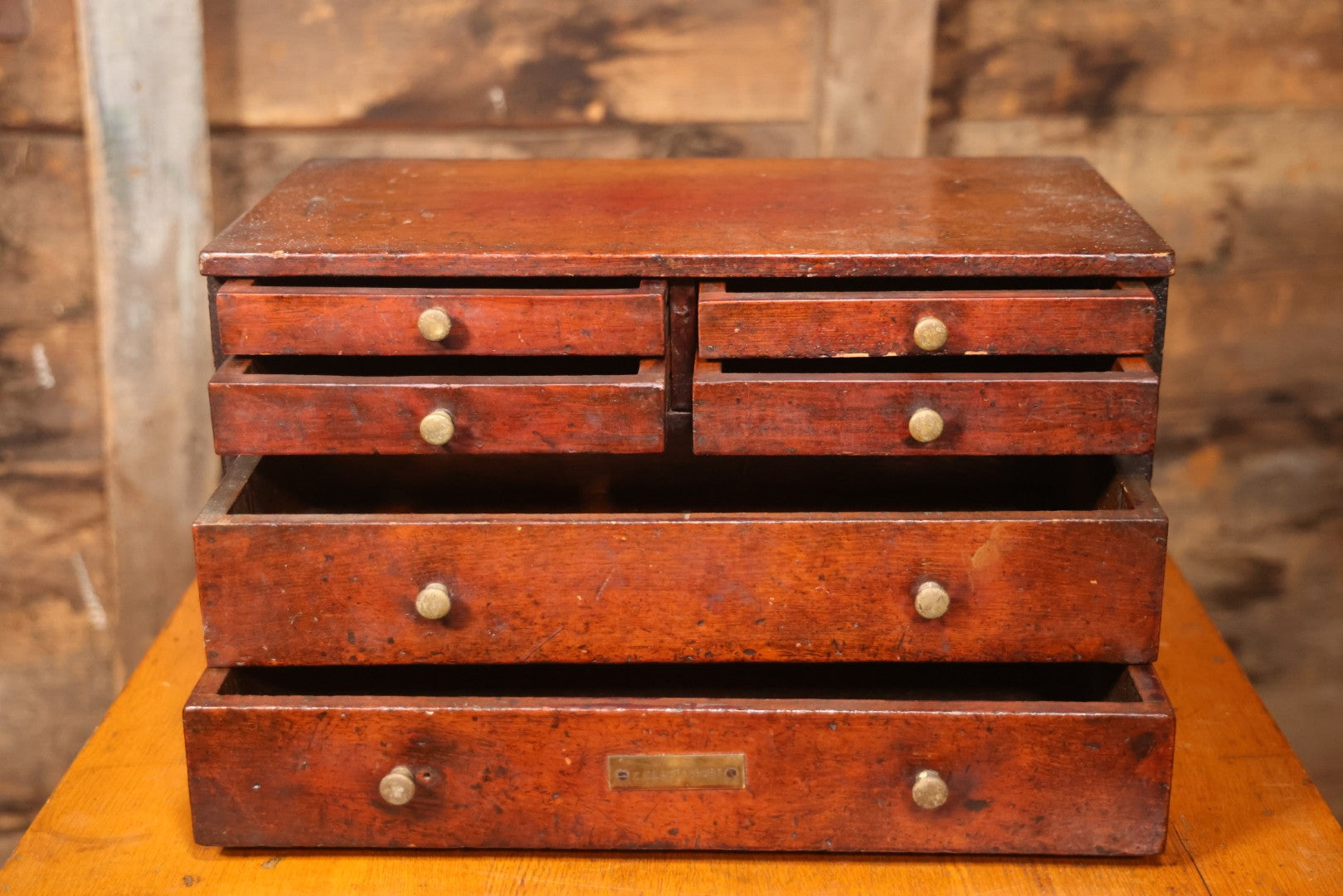Antique Wooden Tool Chest With Six Drawers, Brass Name Plaque For “G. Claytinburg”