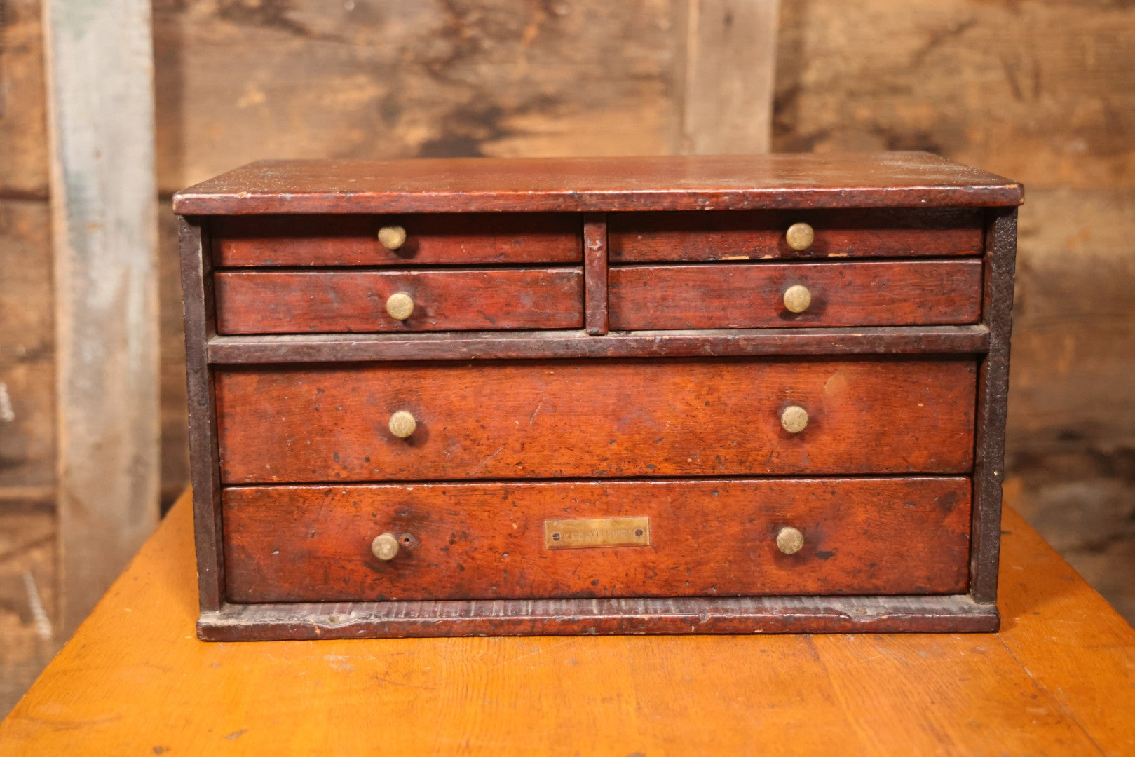 Antique Wooden Tool Chest With Six Drawers, Brass Name Plaque For “G. Claytinburg”