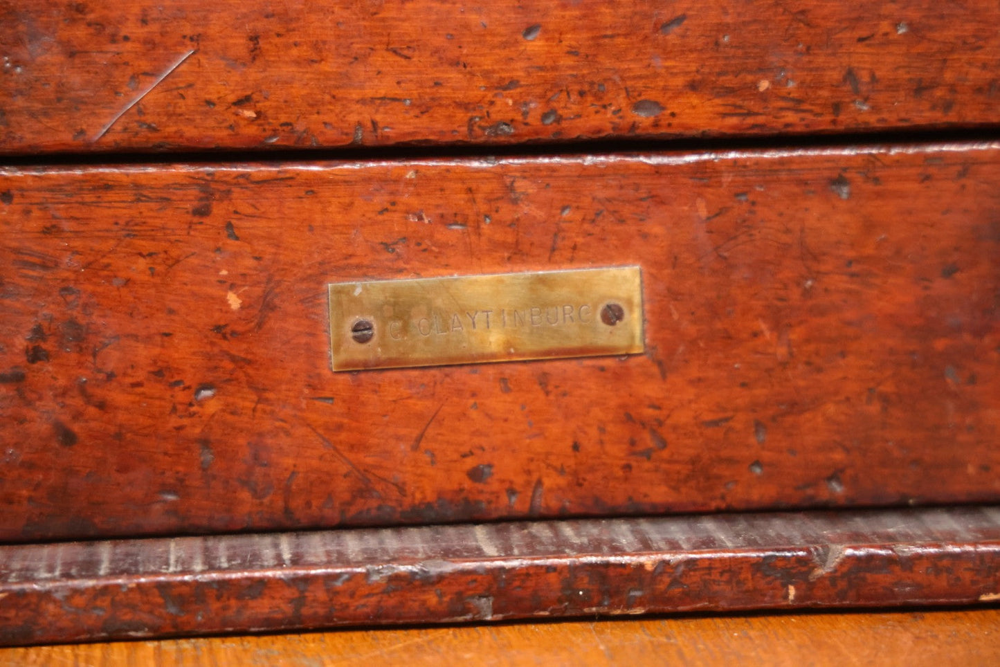 Antique Wooden Tool Chest With Six Drawers, Brass Name Plaque For “G. Claytinburg”