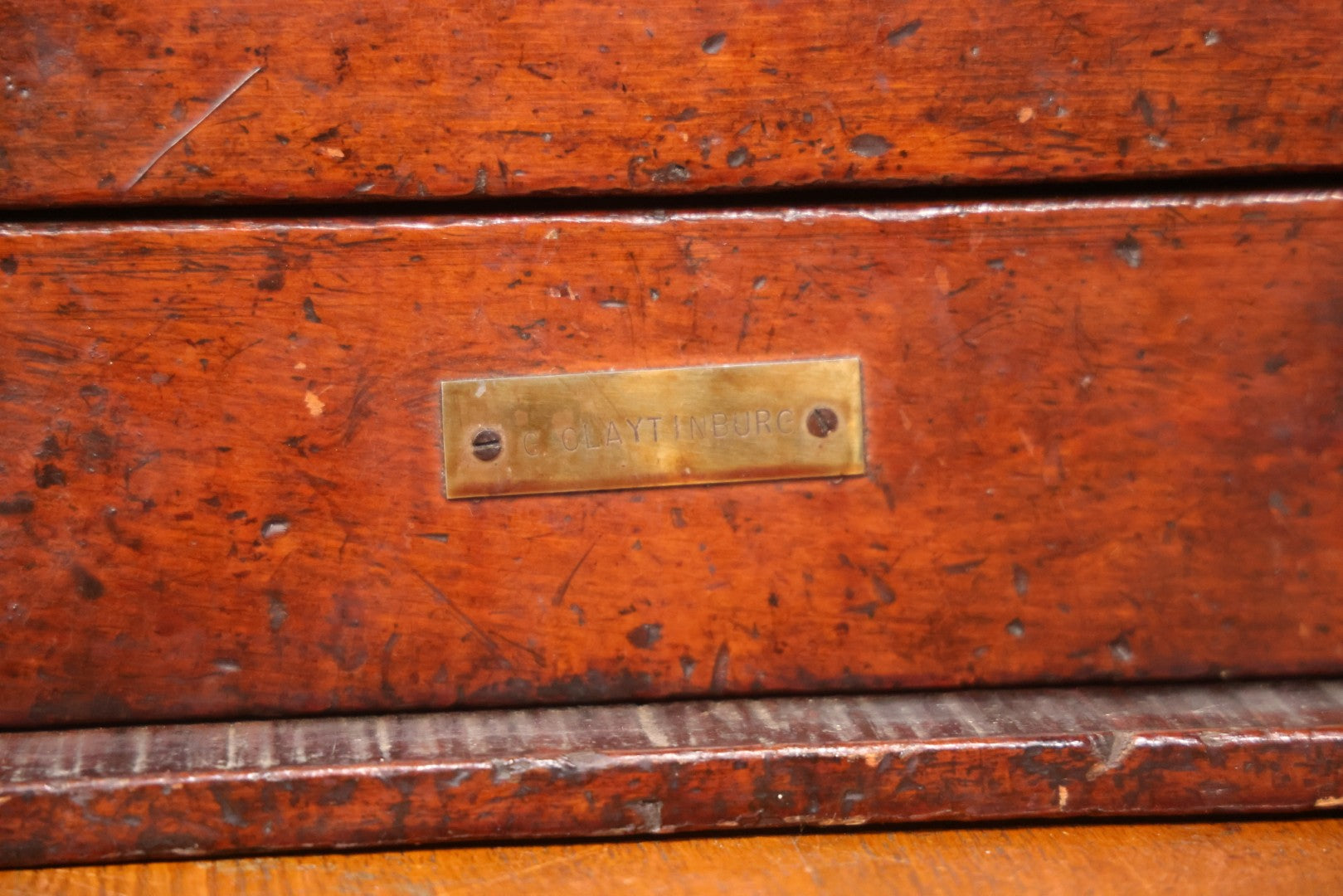 Antique Wooden Tool Chest With Six Drawers, Brass Name Plaque For “G. Claytinburg”