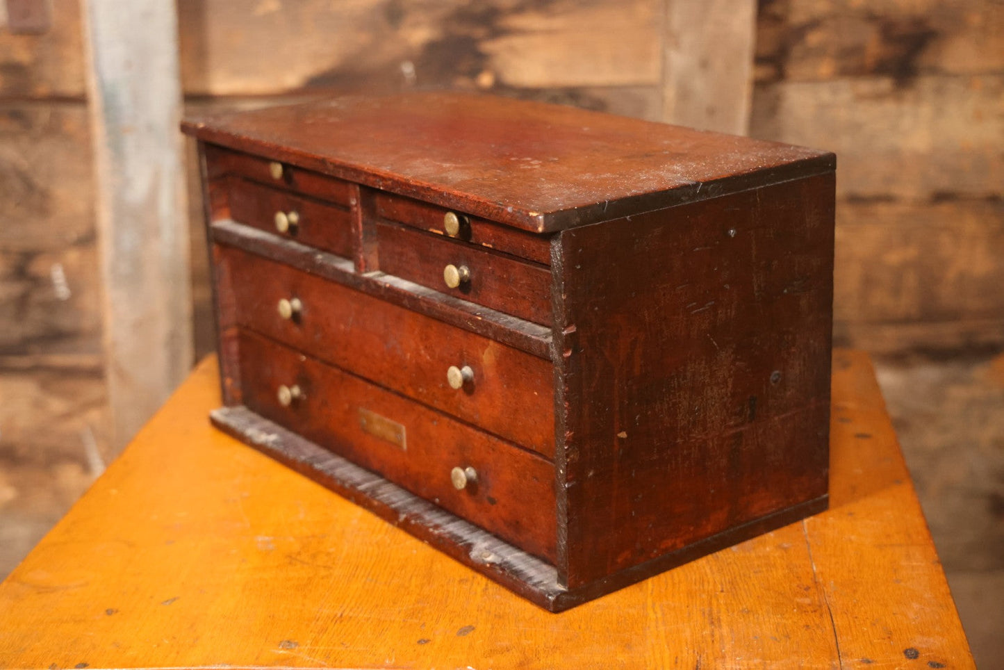 Antique Wooden Tool Chest With Six Drawers, Brass Name Plaque For “G. Claytinburg”