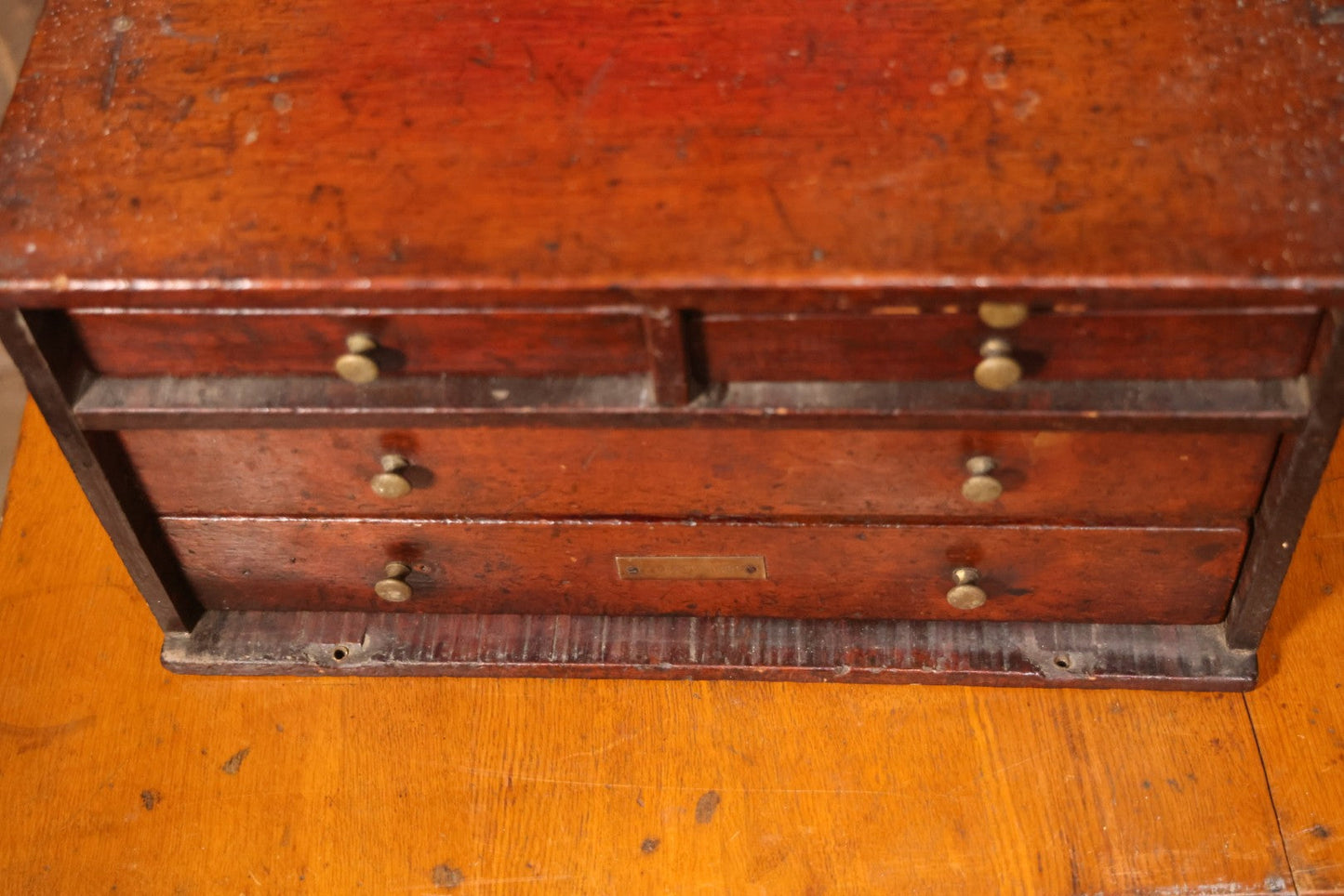 Antique Wooden Tool Chest With Six Drawers, Brass Name Plaque For “G. Claytinburg”