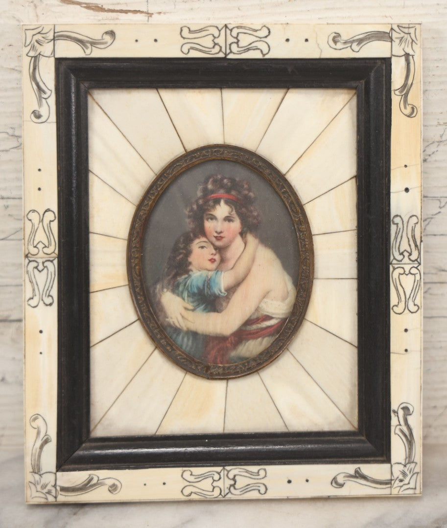Lot 003 - Antique Continental European Miniature Cameo Painting Of Young Girl And Mother In Period Bone Veneer Frame With Latin Text Paper Backing, 5-3/4" x 7"