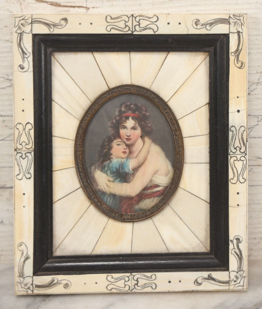 Lot 003 - Antique Continental European Miniature Cameo Painting Of Young Girl And Mother In Period Bone Veneer Frame With Latin Text Paper Backing, 5-3/4" x 7"