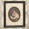 Lot 003 - Antique Continental European Miniature Cameo Painting Of Young Girl And Mother In Period Bone Veneer Frame With Latin Text Paper Backing, 5-3/4" x 7"