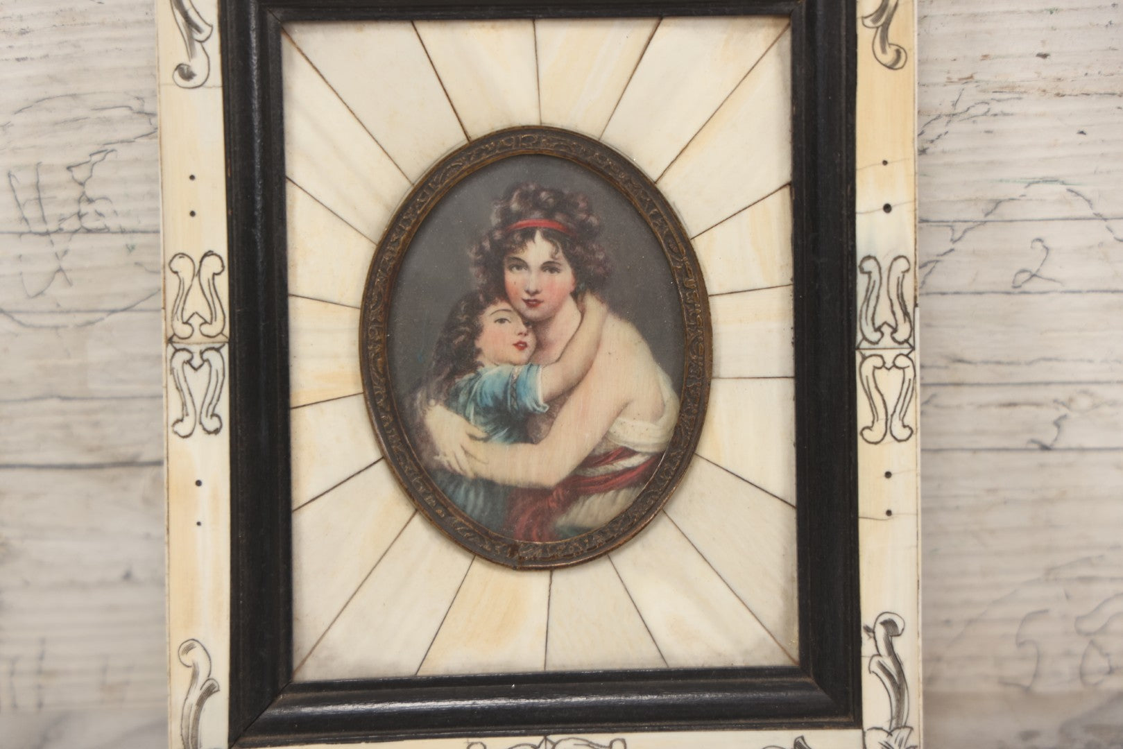 Lot 003 - Antique Continental European Miniature Cameo Painting Of Young Girl And Mother In Period Bone Veneer Frame With Latin Text Paper Backing, 5-3/4" x 7"