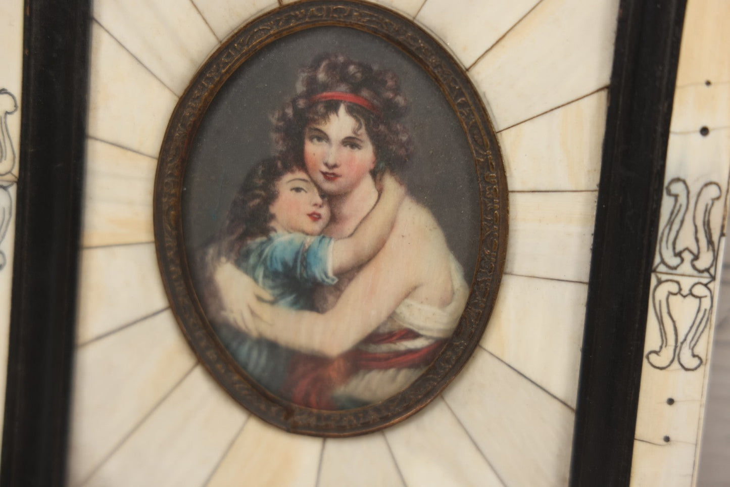 Lot 003 - Antique Continental European Miniature Cameo Painting Of Young Girl And Mother In Period Bone Veneer Frame With Latin Text Paper Backing, 5-3/4" x 7"