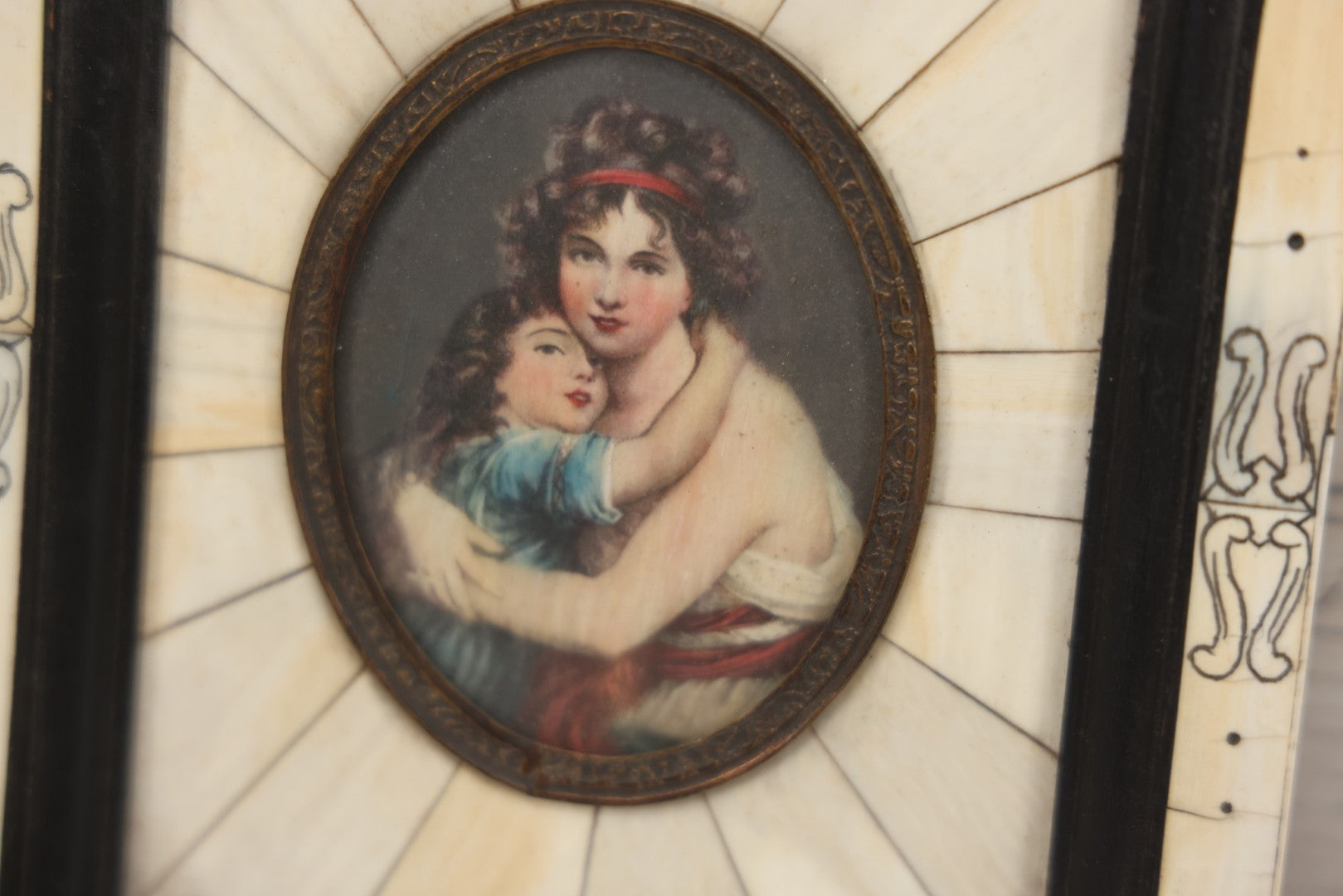 Lot 003 - Antique Continental European Miniature Cameo Painting Of Young Girl And Mother In Period Bone Veneer Frame With Latin Text Paper Backing, 5-3/4" x 7"