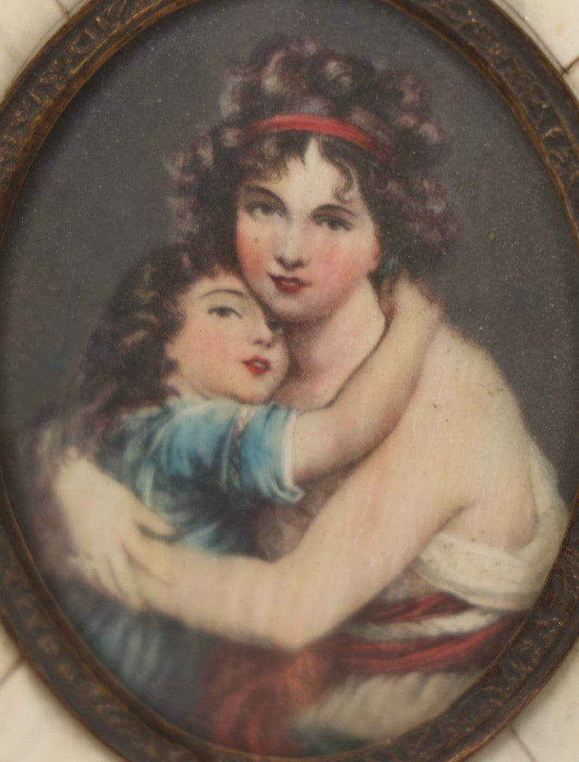 Lot 003 - Antique Continental European Miniature Cameo Painting Of Young Girl And Mother In Period Bone Veneer Frame With Latin Text Paper Backing, 5-3/4" x 7"