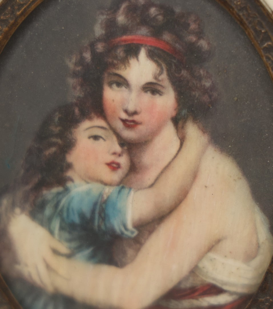 Lot 003 - Antique Continental European Miniature Cameo Painting Of Young Girl And Mother In Period Bone Veneer Frame With Latin Text Paper Backing, 5-3/4" x 7"