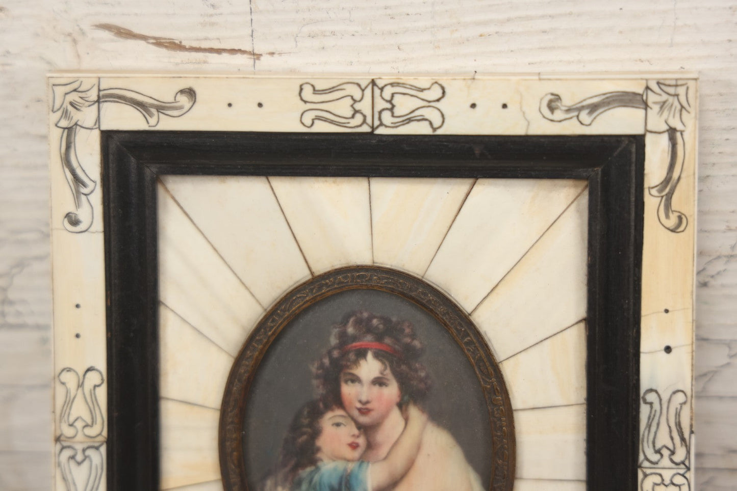 Lot 003 - Antique Continental European Miniature Cameo Painting Of Young Girl And Mother In Period Bone Veneer Frame With Latin Text Paper Backing, 5-3/4" x 7"