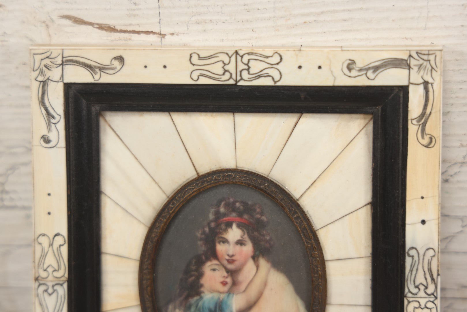 Lot 003 - Antique Continental European Miniature Cameo Painting Of Young Girl And Mother In Period Bone Veneer Frame With Latin Text Paper Backing, 5-3/4" x 7"