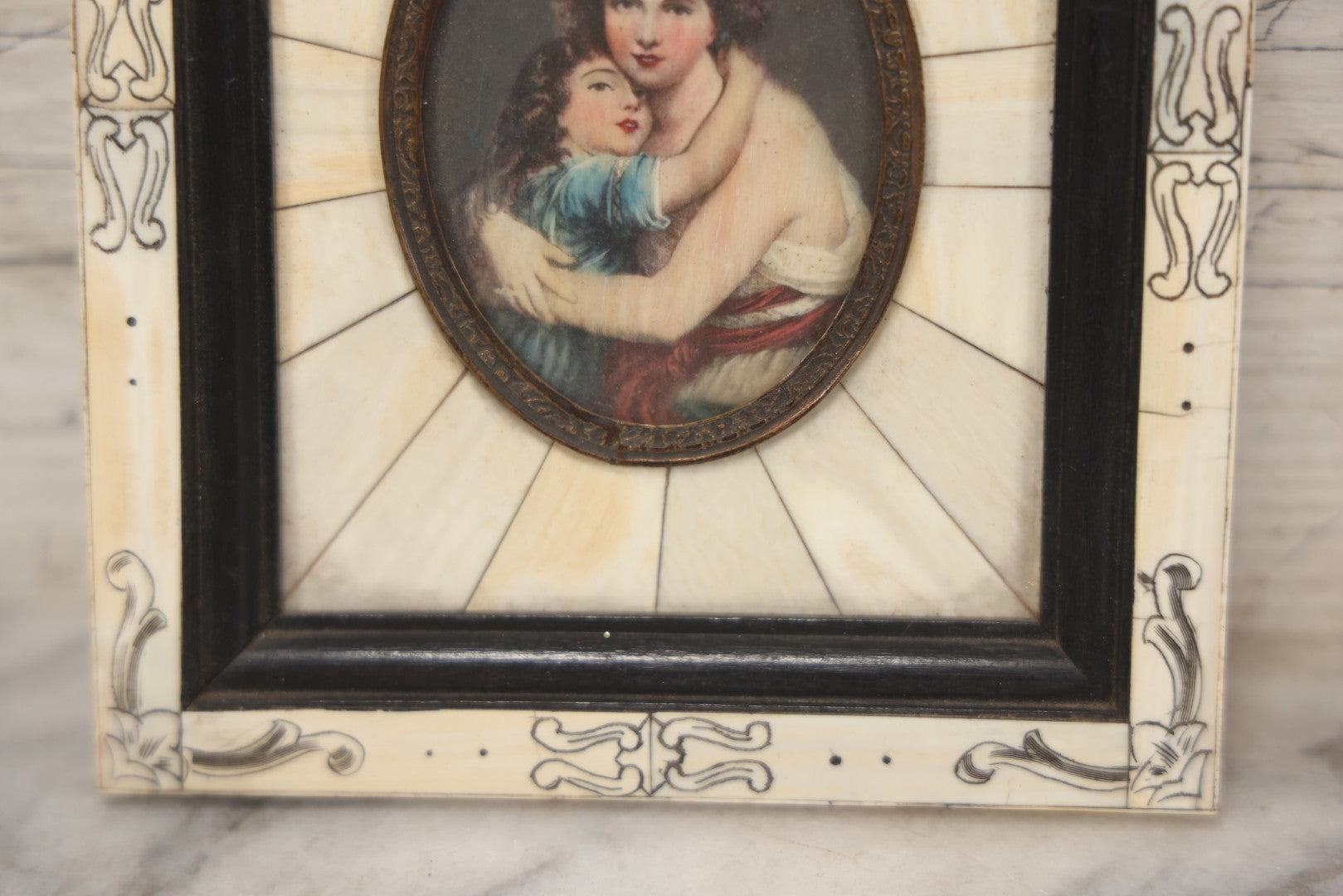Lot 003 - Antique Continental European Miniature Cameo Painting Of Young Girl And Mother In Period Bone Veneer Frame With Latin Text Paper Backing, 5-3/4" x 7"