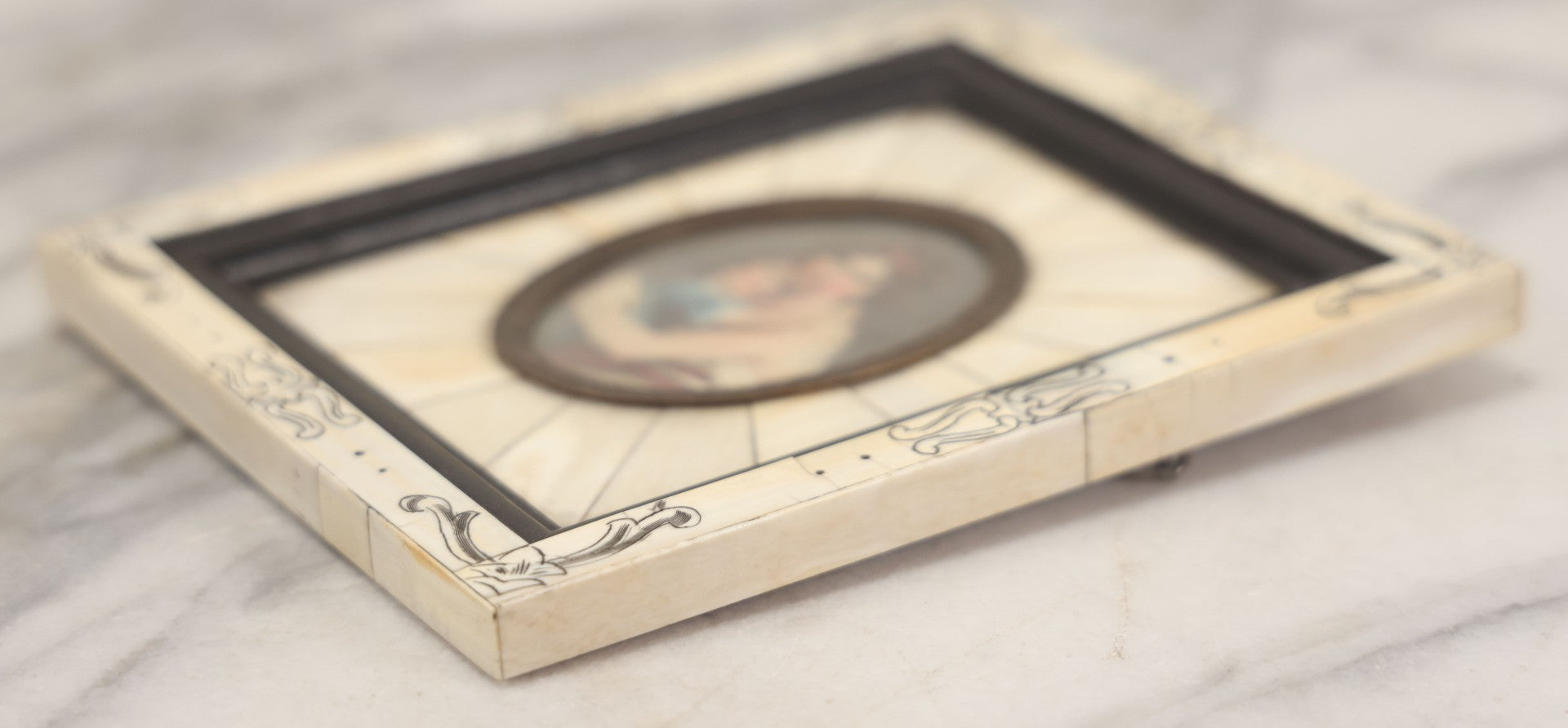 Lot 003 - Antique Continental European Miniature Cameo Painting Of Young Girl And Mother In Period Bone Veneer Frame With Latin Text Paper Backing, 5-3/4" x 7"