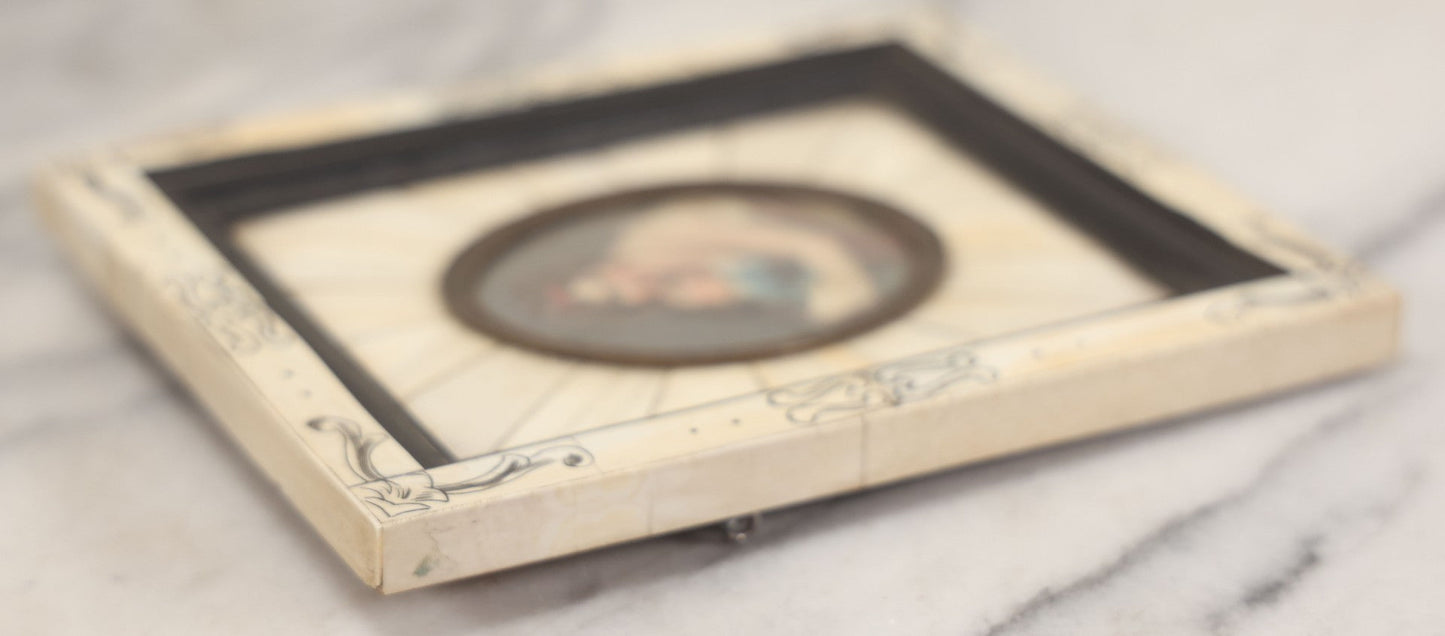 Lot 003 - Antique Continental European Miniature Cameo Painting Of Young Girl And Mother In Period Bone Veneer Frame With Latin Text Paper Backing, 5-3/4" x 7"