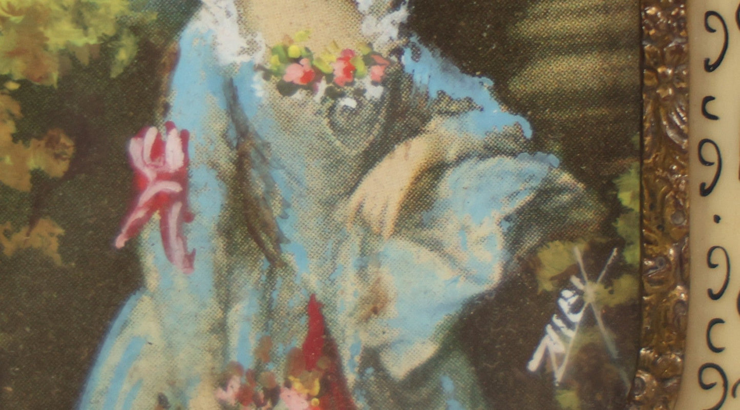 Lot 004 - Antique Miniature Print with Painted Details Of Fancy Woman In Blue, In Bone Frame, Signed "Zuley", With Brass Lip Around Glass, Fabric Cover On Verso, Frame Decorated With Painted Black Flower Border, 3" x 3-5/8"
