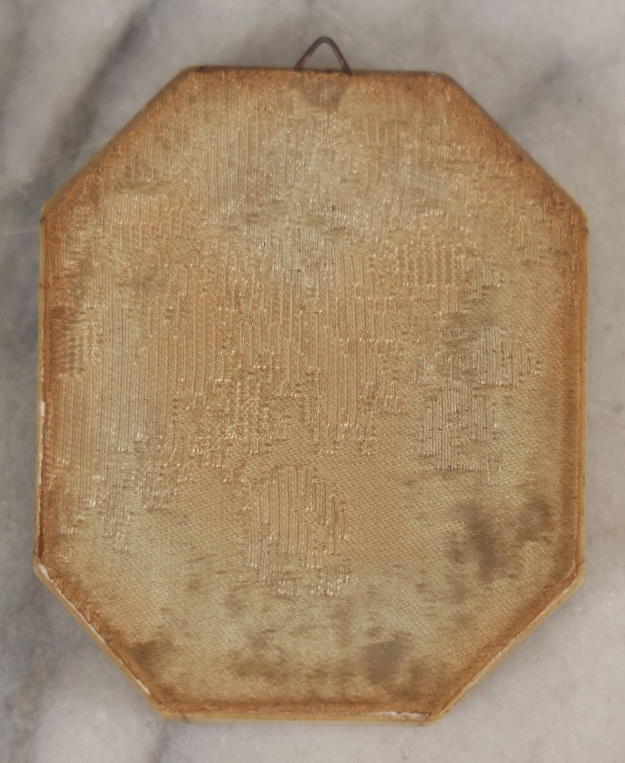 Lot 004 - Antique Miniature Print with Painted Details Of Fancy Woman In Blue, In Bone Frame, Signed "Zuley", With Brass Lip Around Glass, Fabric Cover On Verso, Frame Decorated With Painted Black Flower Border, 3" x 3-5/8"