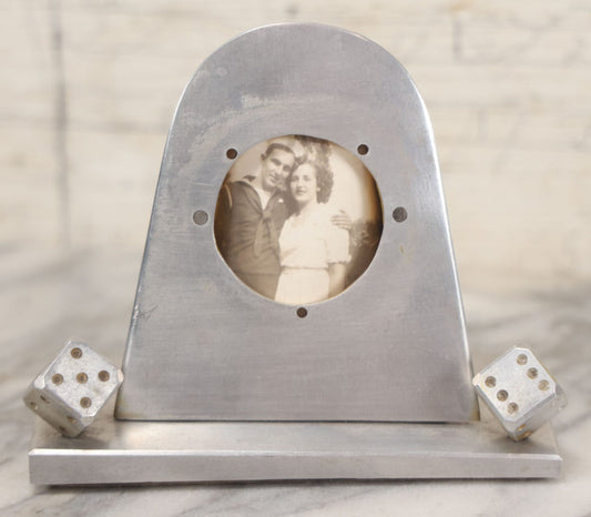 Lot 005 - Vintage Machined Aluminum Photo Frame With Brushed Finish, With Balancing Dice, Navy Sweetheart Snapshot Photograph