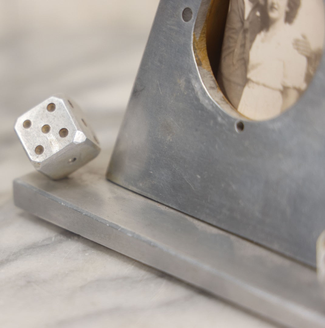 Lot 005 - Vintage Machined Aluminum Photo Frame With Brushed Finish, With Balancing Dice, Navy Sweetheart Snapshot Photograph