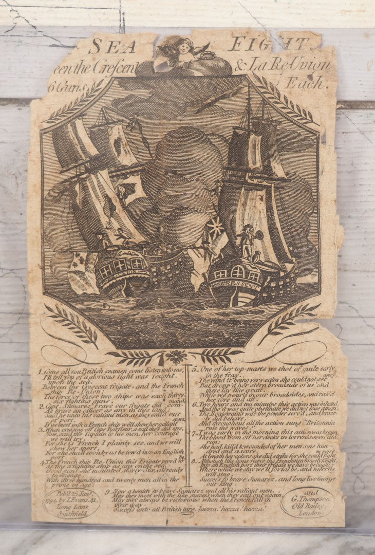 Lot 006 - Antique Broadside Woodcut Engraving, "Sea Fight Between The Crescent & La Re-Union," Commemorating Naval Battle Between The British Frigate Crescent And French Ship Re-Union, With Accompanying Poem, Published 1794