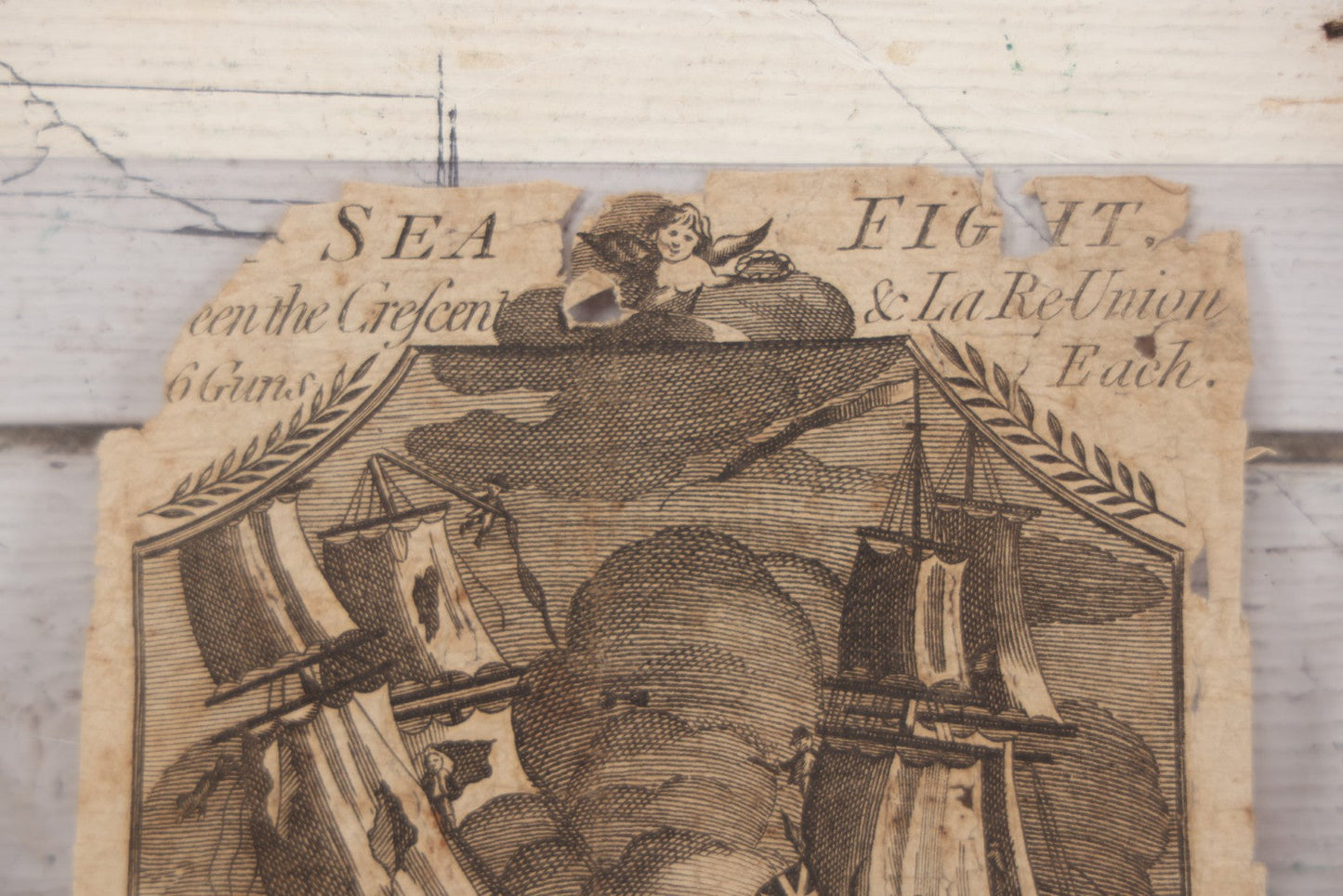 Lot 006 - Antique Broadside Woodcut Engraving, "Sea Fight Between The Crescent & La Re-Union," Commemorating Naval Battle Between The British Frigate Crescent And French Ship Re-Union, With Accompanying Poem, Published 1794