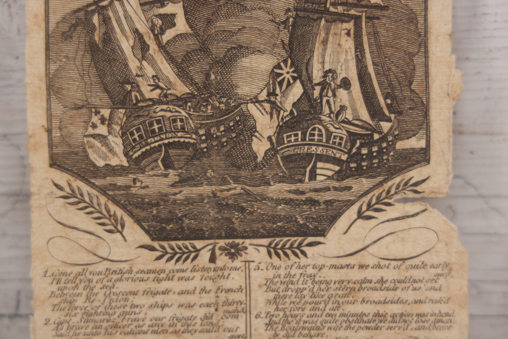 Lot 006 - Antique Broadside Woodcut Engraving, "Sea Fight Between The Crescent & La Re-Union," Commemorating Naval Battle Between The British Frigate Crescent And French Ship Re-Union, With Accompanying Poem, Published 1794