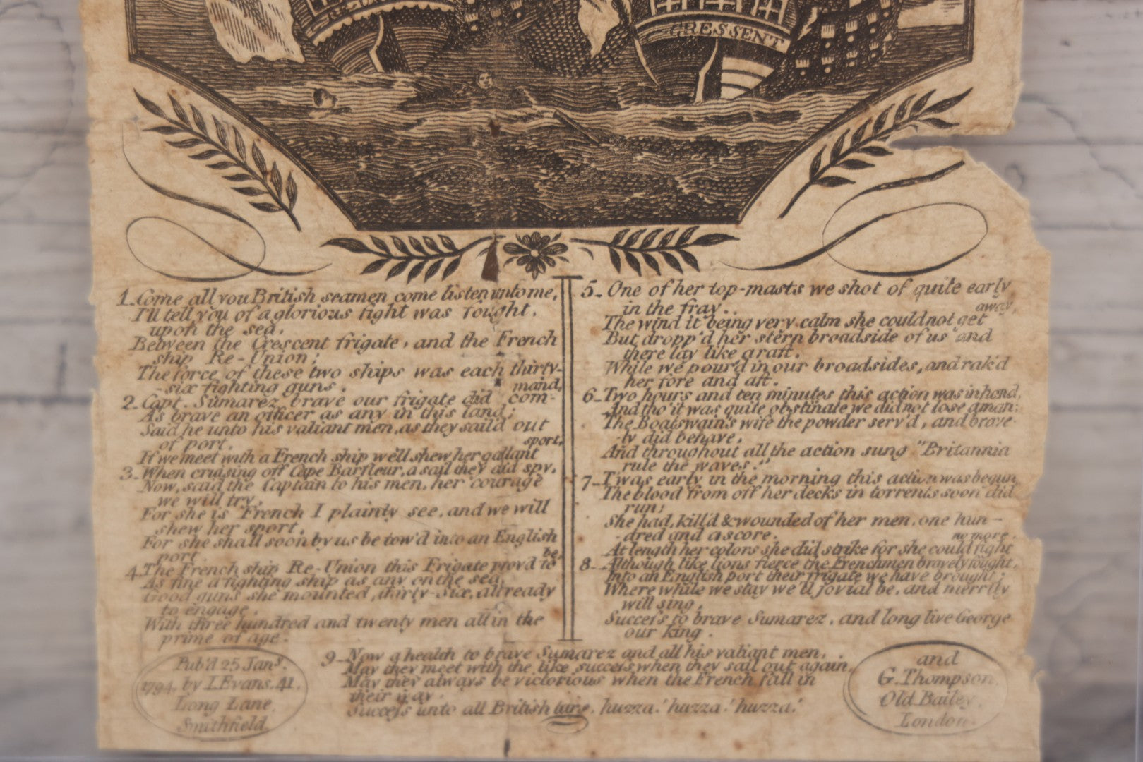 Lot 006 - Antique Broadside Woodcut Engraving, "Sea Fight Between The Crescent & La Re-Union," Commemorating Naval Battle Between The British Frigate Crescent And French Ship Re-Union, With Accompanying Poem, Published 1794