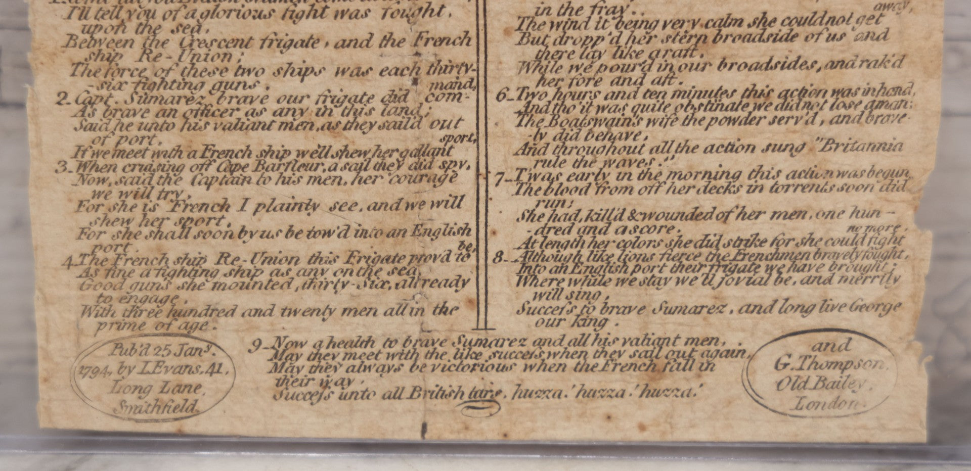 Lot 006 - Antique Broadside Woodcut Engraving, "Sea Fight Between The Crescent & La Re-Union," Commemorating Naval Battle Between The British Frigate Crescent And French Ship Re-Union, With Accompanying Poem, Published 1794