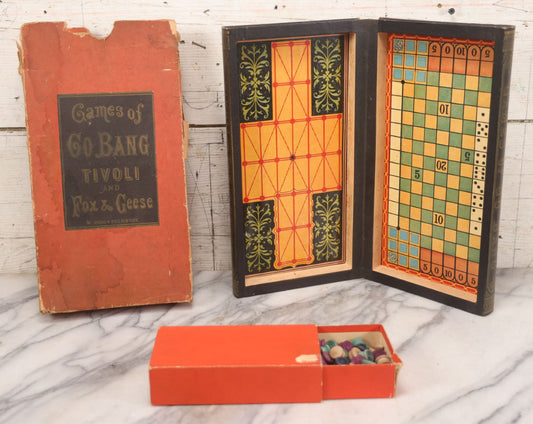 Lot 016 - Antique Board Game, "Games Of Go Bang, Tivoli, And Fox & Geese," By McLoughlin Bros., New York, With Wooden Pieces And Partial Original Box