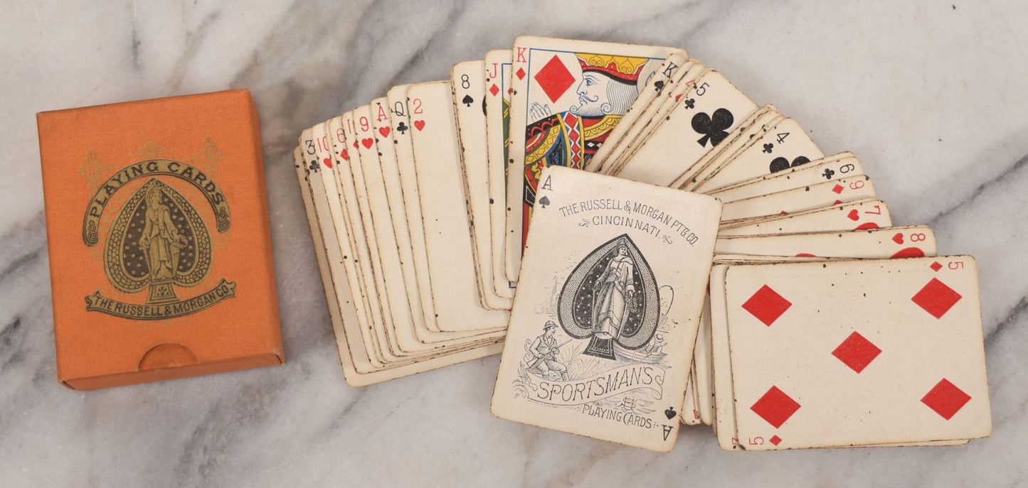 Lot 017 - Antique "Sportsman's Playing Cards" Deck By The Russell & Morgan Printing Co., Cincinnati, With Original Orange Box, 52 Cards Counted, No Jokers, Fish Head Backs