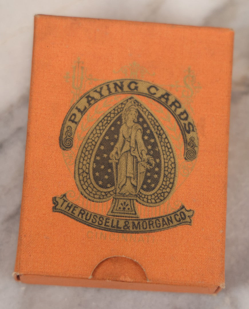Lot 017 - Antique "Sportsman's Playing Cards" Deck By The Russell & Morgan Printing Co., Cincinnati, With Original Orange Box, 52 Cards Counted, No Jokers, Fish Head Backs