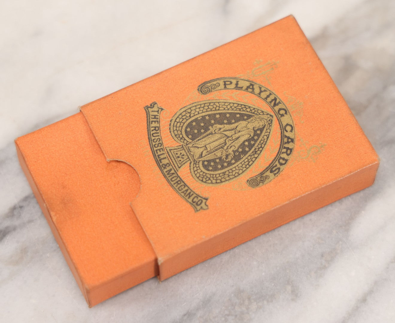 Lot 017 - Antique "Sportsman's Playing Cards" Deck By The Russell & Morgan Printing Co., Cincinnati, With Original Orange Box, 52 Cards Counted, No Jokers, Fish Head Backs