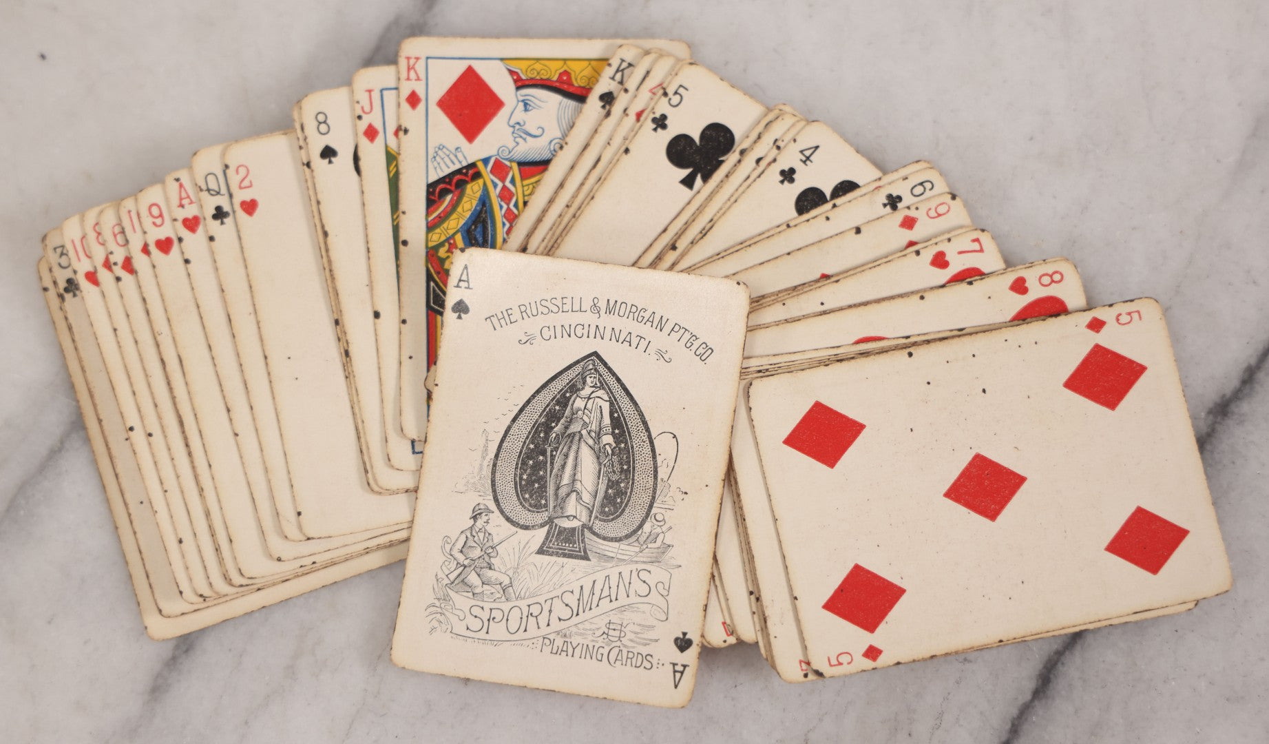 Lot 017 - Antique "Sportsman's Playing Cards" Deck By The Russell & Morgan Printing Co., Cincinnati, With Original Orange Box, 52 Cards Counted, No Jokers, Fish Head Backs