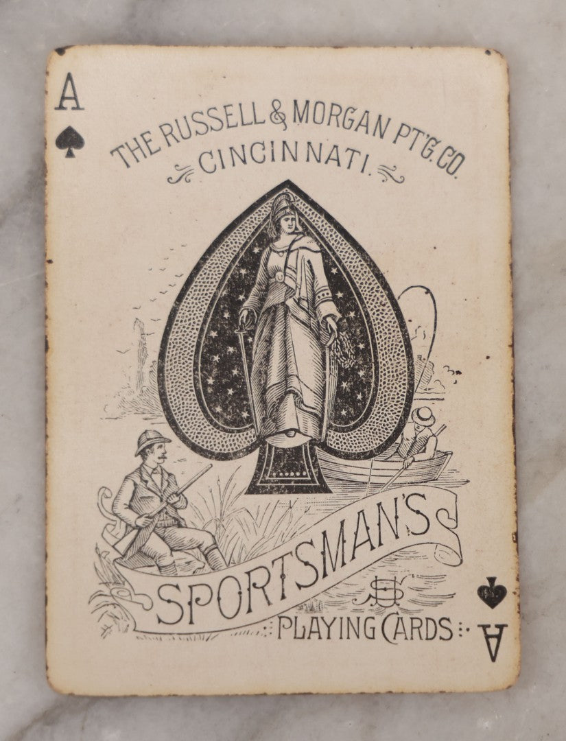 Lot 017 - Antique "Sportsman's Playing Cards" Deck By The Russell & Morgan Printing Co., Cincinnati, With Original Orange Box, 52 Cards Counted, No Jokers, Fish Head Backs