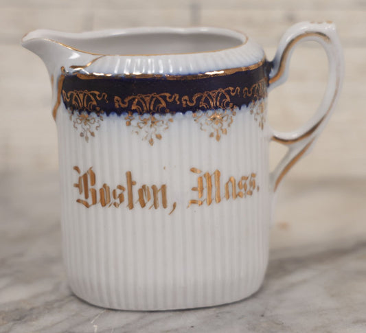 Lot 018 - Vintage Souvenir Boston, Mass. Creamer With Blue And Gold Decoration And Scalloped Texture, Marked "Germany" And "533" On Bottom, 3-3/8" H