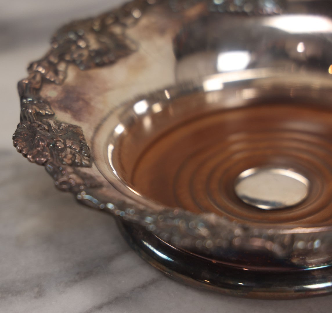 Lot 019 - Vintage Silverplate Dish With Turned Wood Base, Felt Bottom, Grape Leaf And Vine Motif Around Rim, 8" Diameter