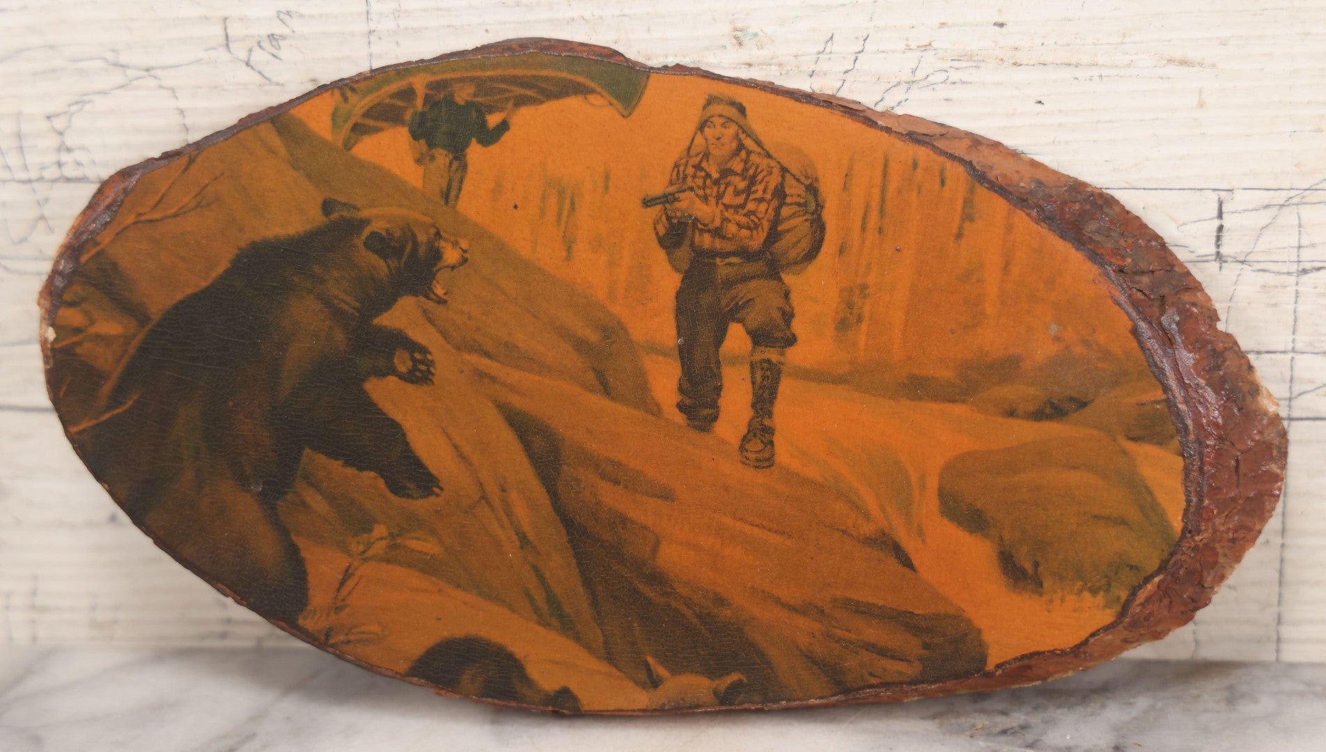 Lot 021 - Vintage Wood Decoupage Souvenir Of Center Ossipee, N.H., Featuring Print Of Hunting Scene With Campers, Bear And Canoe, And Tree Rings On Verso
