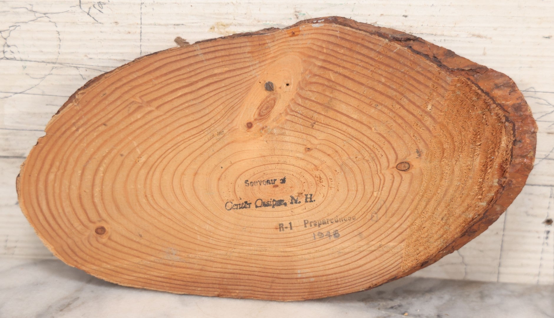 Lot 021 - Vintage Wood Decoupage Souvenir Of Center Ossipee, N.H., Featuring Print Of Hunting Scene With Campers, Bear And Canoe, And Tree Rings On Verso