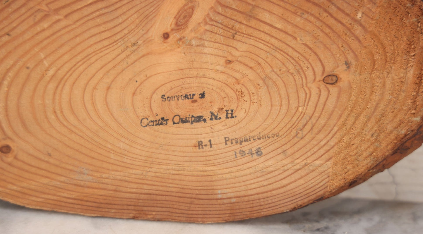 Lot 021 - Vintage Wood Decoupage Souvenir Of Center Ossipee, N.H., Featuring Print Of Hunting Scene With Campers, Bear And Canoe, And Tree Rings On Verso