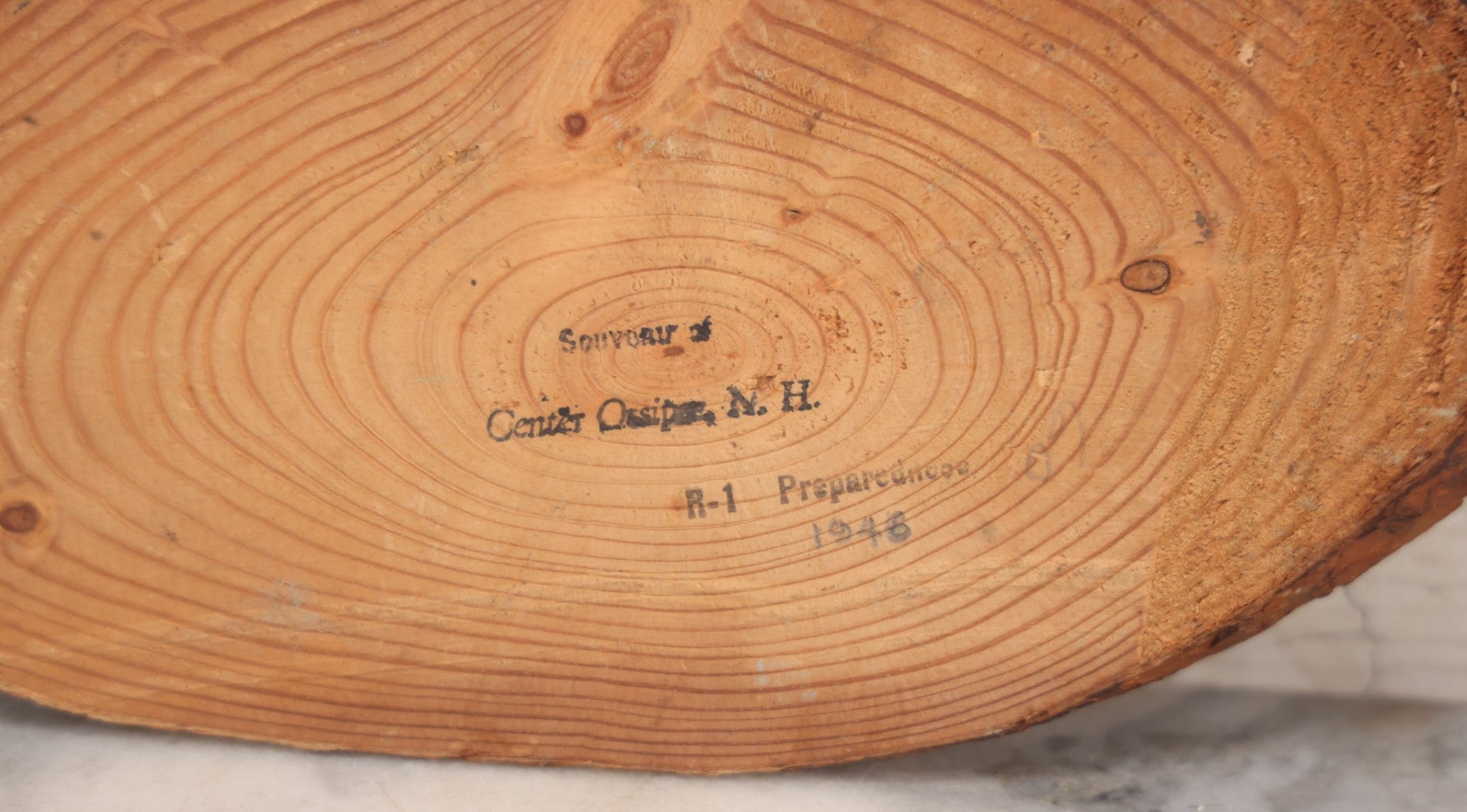 Lot 021 - Vintage Wood Decoupage Souvenir Of Center Ossipee, N.H., Featuring Print Of Hunting Scene With Campers, Bear And Canoe, And Tree Rings On Verso