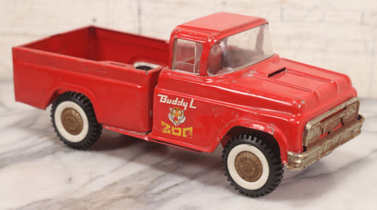 Lot 022 - Vintage Buddy L Traveling Zoo Pressed Steel Red Toy Truck, Tiger Graphics, Marked "Patents Applied For" On Bottom, Working Condition