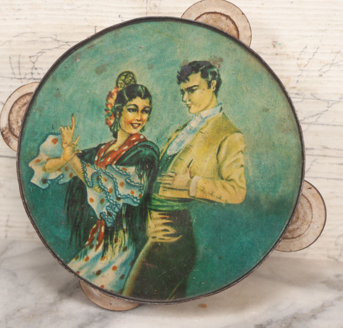 Lot 023 - Vintage Tin Lithograph Tambourine Featuring Images Of Flamenco Dancers, Complete