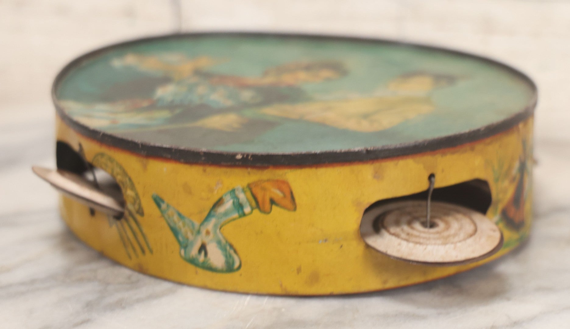 Lot 023 - Vintage Tin Lithograph Tambourine Featuring Images Of Flamenco Dancers, Complete