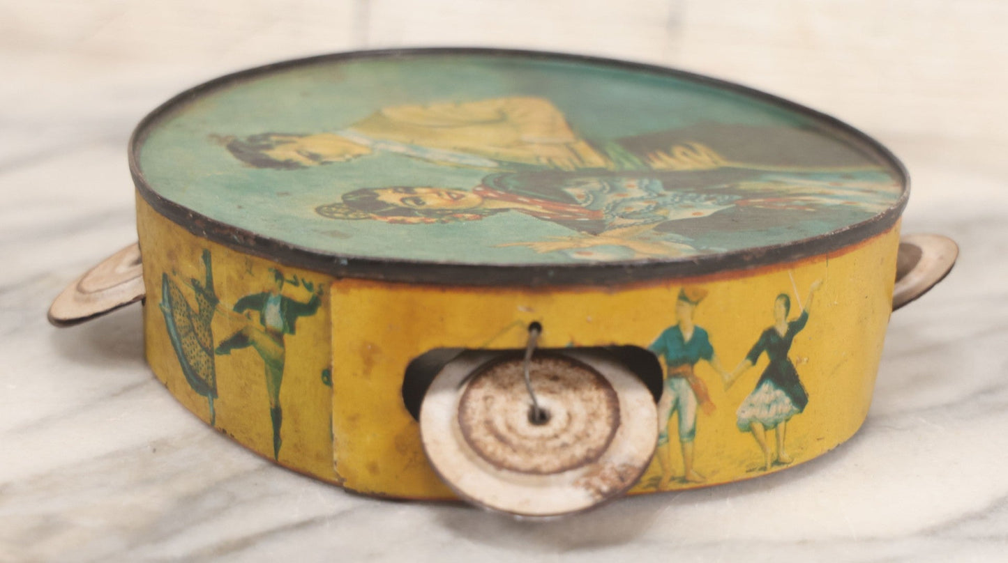 Lot 023 - Vintage Tin Lithograph Tambourine Featuring Images Of Flamenco Dancers, Complete