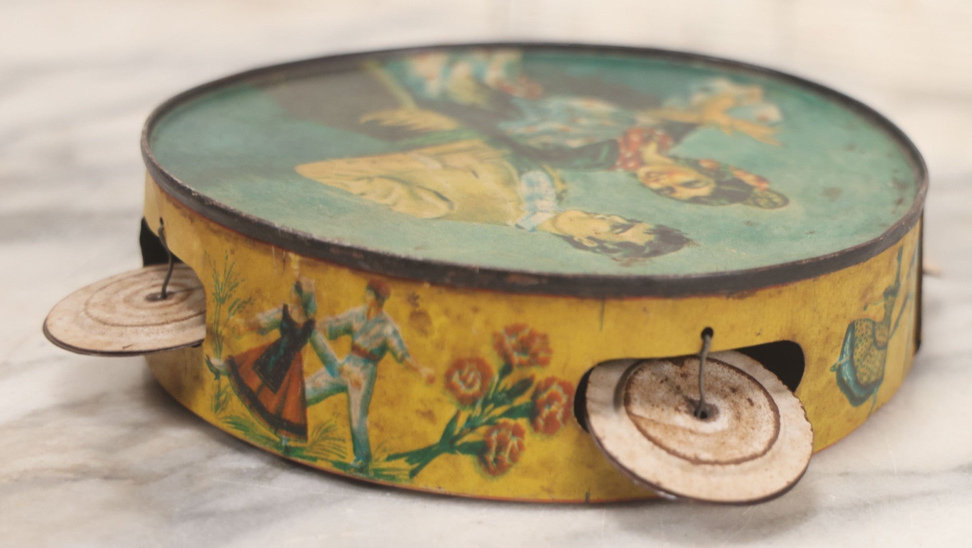 Lot 023 - Vintage Tin Lithograph Tambourine Featuring Images Of Flamenco Dancers, Complete
