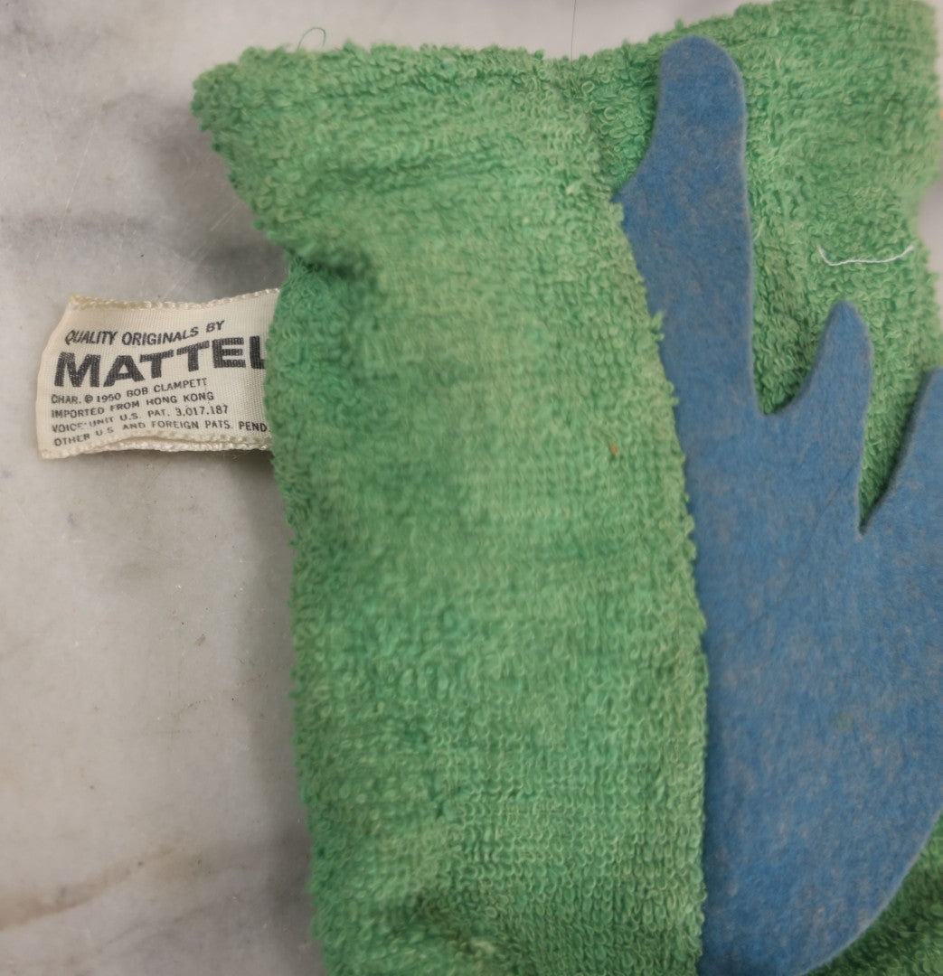 Lot 024 - Vintage Talking Green Mattel Hand Puppet With Working Pull String And Multiple Phrases, Character By Bob Clampett, 1950, Voice Unit U.S. Patent 3,017,187