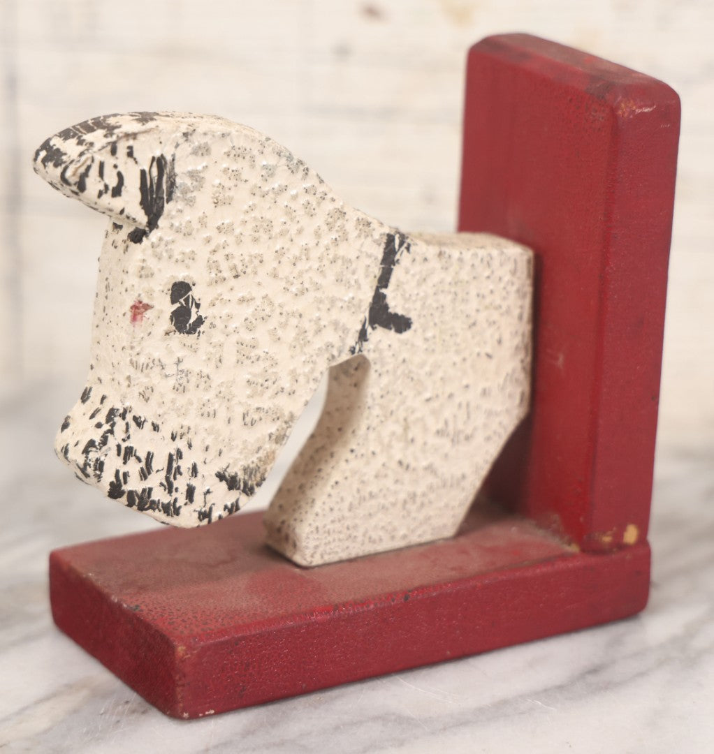 Lot 026 - Single Antique Folk Art Hand-Cut & Hand-Painted Wooden Dog Bookend, Red & White Paint, Original Surface